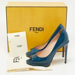 Pre Owned Fendi Blue Patent Leather Fendista Platform Peep Toe Pumps Size 37
