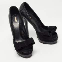 Pre Owned Fendi Two Tone Woven Raffia and Suede Bow Deco Platform Pumps Size 41