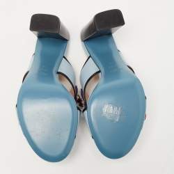 Pre Owned Fendi Blue Leather Flowerland Slide Sandals Size 38