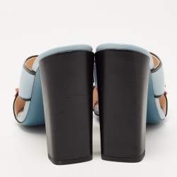 Pre Owned Fendi Blue Leather Flowerland Slide Sandals Size 38