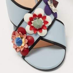 Pre Owned Fendi Blue Leather Flowerland Slide Sandals Size 38