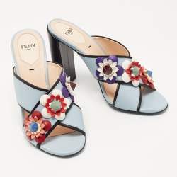 Pre Owned Fendi Blue Leather Flowerland Slide Sandals Size 38
