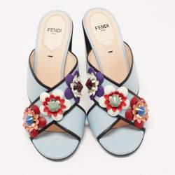 Pre Owned Fendi Blue Leather Flowerland Slide Sandals Size 38