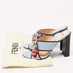 Pre Owned Fendi Blue Leather Flowerland Slide Sandals Size 38