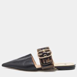 Pre Owned Fendi Black/Brown Leather FF Logo Buckle Mules Size 36