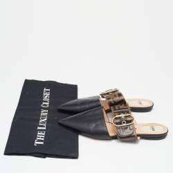 Pre Owned Fendi Black/Brown Leather FF Logo Buckle Mules Size 36
