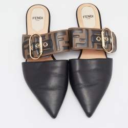 Pre Owned Fendi Black/Brown Leather FF Logo Buckle Mules Size 36
