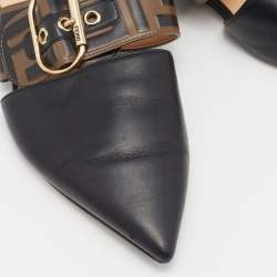 Pre Owned Fendi Black/Brown Leather FF Logo Buckle Mules Size 36