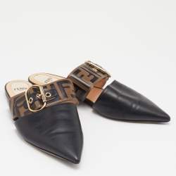 Pre Owned Fendi Black/Brown Leather FF Logo Buckle Mules Size 36
