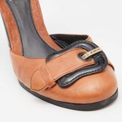 Pre Owned Fendi Brown Leather Buckle Detail Ankle Strap Wedge Pumps Size 40