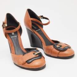 Pre Owned Fendi Brown Leather Buckle Detail Ankle Strap Wedge Pumps Size 40