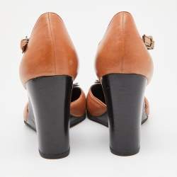 Pre Owned Fendi Brown Leather Buckle Detail Ankle Strap Wedge Pumps Size 40