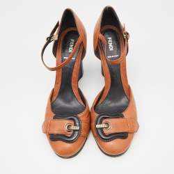 Pre Owned Fendi Brown Leather Buckle Detail Ankle Strap Wedge Pumps Size 40