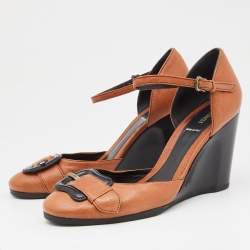 Pre Owned Fendi Brown Leather Buckle Detail Ankle Strap Wedge Pumps Size 40