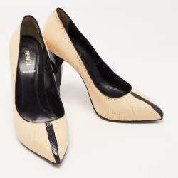Pre Owned Fendi Cream/Black Python Diamond Heel Pumps Size 38.5