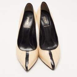 Pre Owned Fendi Cream/Black Python Diamond Heel Pumps Size 38.5