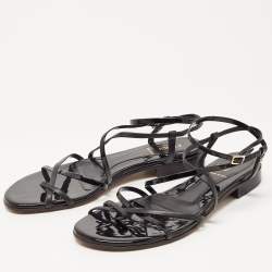 Pre Owned Fendi Black Patent and Leather Strappy Flat Sandals Size 38.5