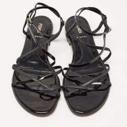 Pre Owned Fendi Black Patent and Leather Strappy Flat Sandals Size 38.5