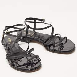 Pre Owned Fendi Black Patent and Leather Strappy Flat Sandals Size 38.5