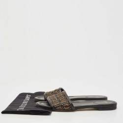 Pre Owned Fendi Black/Gold Woven Leather FF Interlace Slide Flat Size 38