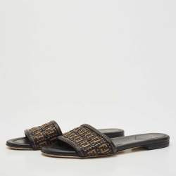Pre Owned Fendi Black/Gold Woven Leather FF Interlace Slide Flat Size 38