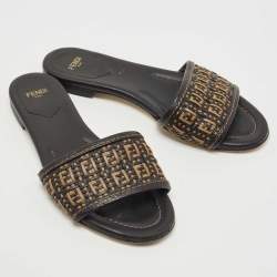 Pre Owned Fendi Black/Gold Woven Leather FF Interlace Slide Flat Size 38