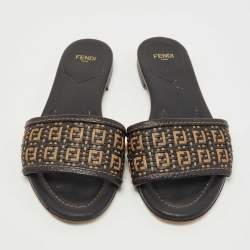 Pre Owned Fendi Black/Gold Woven Leather FF Interlace Slide Flat Size 38