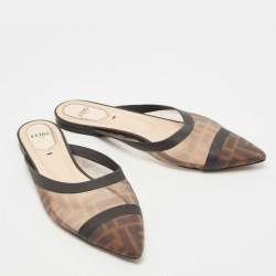 Pre Owned Fendi Tobacco FF Logo Print Mesh Colibri Flat Mules Size 38