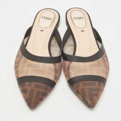 Pre Owned Fendi Tobacco FF Logo Print Mesh Colibri Flat Mules Size 38