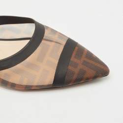 Pre Owned Fendi Tobacco FF Logo Print Mesh Colibri Flat Mules Size 38