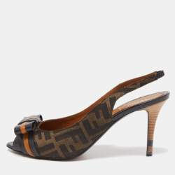 Fendi Black/Brown Zucca Canvas And Leather Bow Slingback Sandals Size 39.5