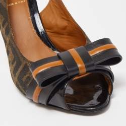 Fendi Black/Brown Zucca Canvas And Leather Bow Slingback Sandals Size 39.5