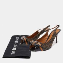 Fendi Black/Brown Zucca Canvas And Leather Bow Slingback Sandals Size 39.5