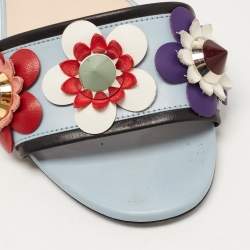 مملوكة مسبقًا Fendi Blue Leather Flowerland Block Heel Slides Size 38.5