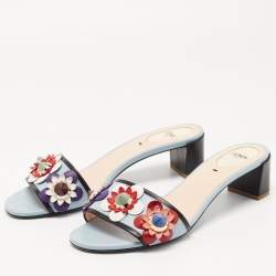 مملوكة مسبقًا Fendi Blue Leather Flowerland Block Heel Slides Size 38.5
