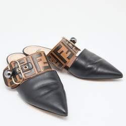 Fendi Black/Brown FF Embossed Leather Buckle Mule Flats Size 35