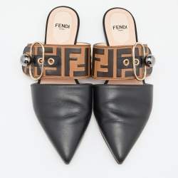Fendi Black/Brown FF Embossed Leather Buckle Mule Flats Size 35