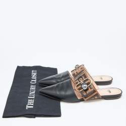 Fendi Black/Brown FF Embossed Leather Buckle Mule Flats Size 35