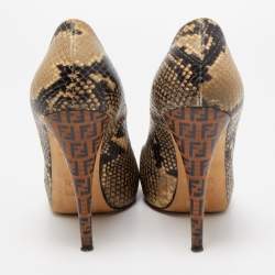 Fendi Brown Python Embossed Leather Peep Toe Pumps Size 39.5