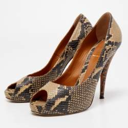 Fendi Brown Python Embossed Leather Peep Toe Pumps Size 39.5