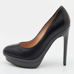 Pre Owned Fendi Black/Grey Leather and Lizard Embossed Heel Platform Pumps Size 37.5