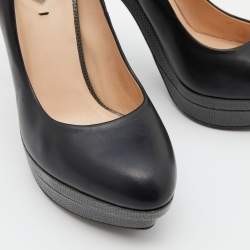 Pre Owned Fendi Black/Grey Leather and Lizard Embossed Heel Platform Pumps Size 37.5