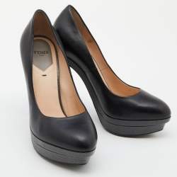 Pre Owned Fendi Black/Grey Leather and Lizard Embossed Heel Platform Pumps Size 37.5