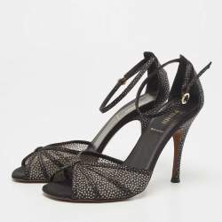 Fendi Black Mesh and Suede Studded Ankle Strap Sandals Size 38