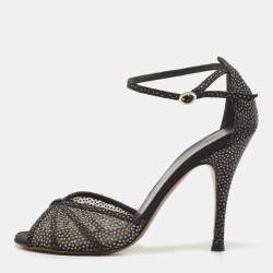 Fendi Black Mesh and Suede Studded Ankle Strap Sandals Size 38