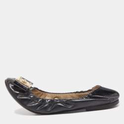 Fendi Black Patent Leather Bow Detail Scrunch Ballet Flats Size 37