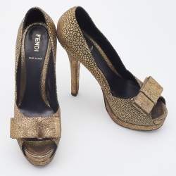 Fendi Metallic Gold Brocade Fabric Deco Peep Toe Bow Platform Pumps Size 37.5