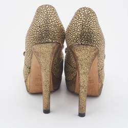 Fendi Metallic Gold Brocade Fabric Deco Peep Toe Bow Platform Pumps Size 37.5