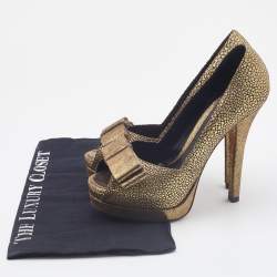 Fendi Metallic Gold Brocade Fabric Deco Peep Toe Bow Platform Pumps Size 37.5