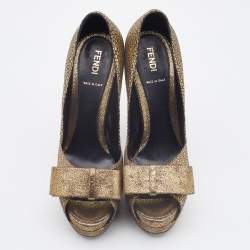 Fendi Metallic Gold Brocade Fabric Deco Peep Toe Bow Platform Pumps Size 37.5